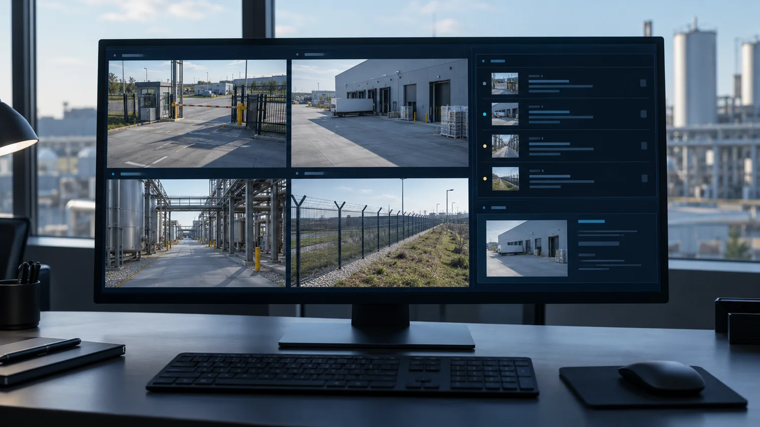 Conceptual security command interface on a monitor, with camera feeds, event awareness and operational context.