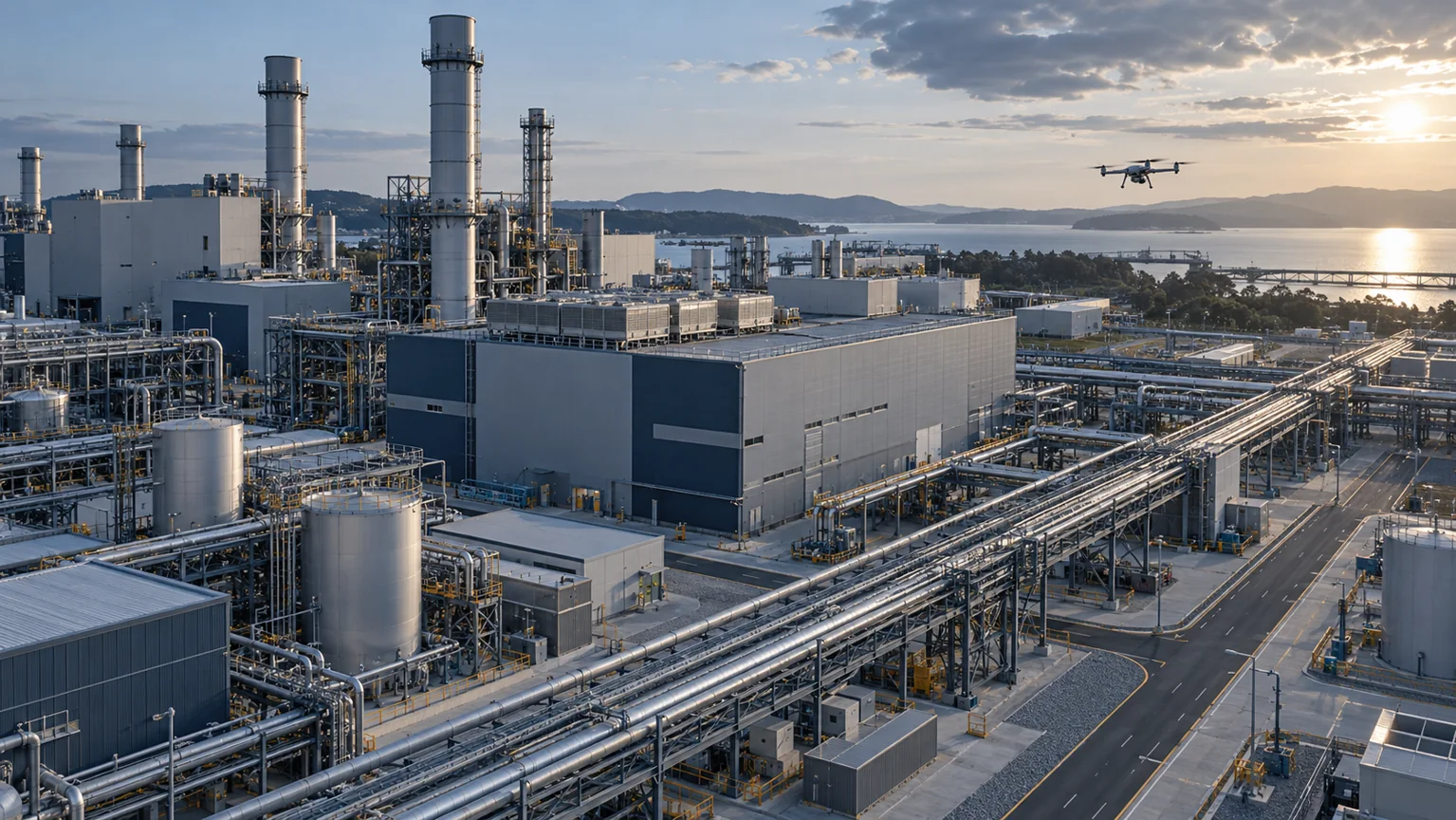Illustrative autonomous inspection scene with a small civilian drone observing a large industrial facility.