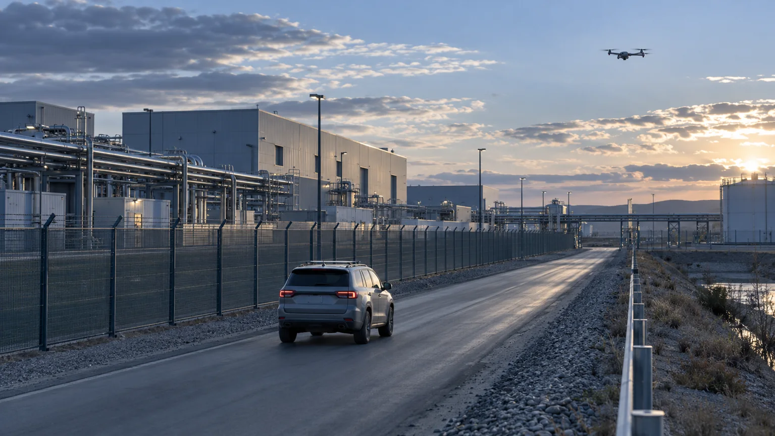 Illustrative aerial observation of a moving service vehicle on an industrial perimeter road, with a small civilian drone.