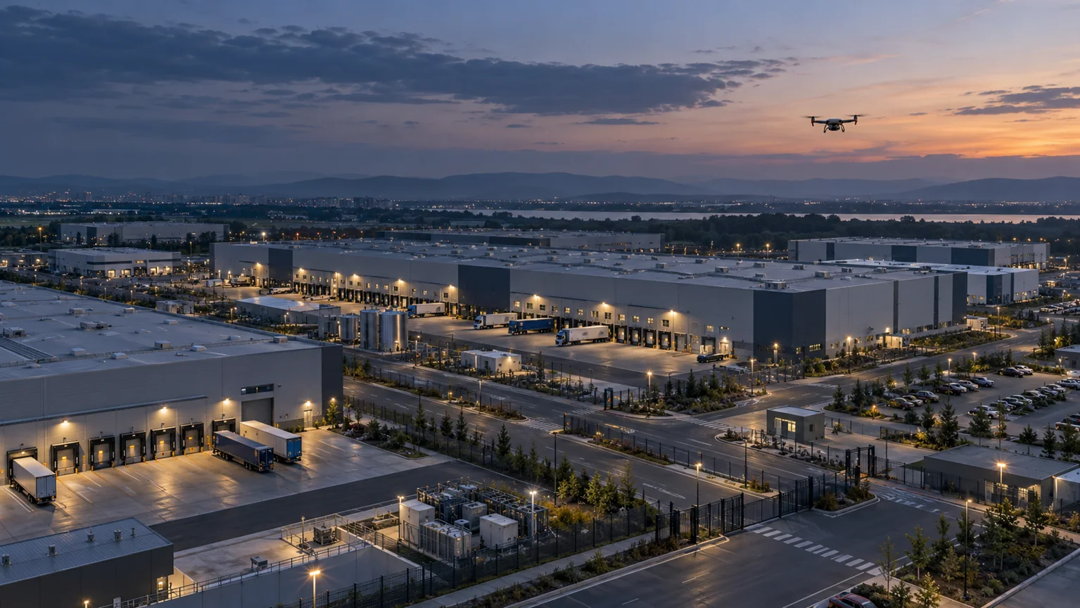Illustrative large industrial campus at dusk with a small civilian drone observing the facility.