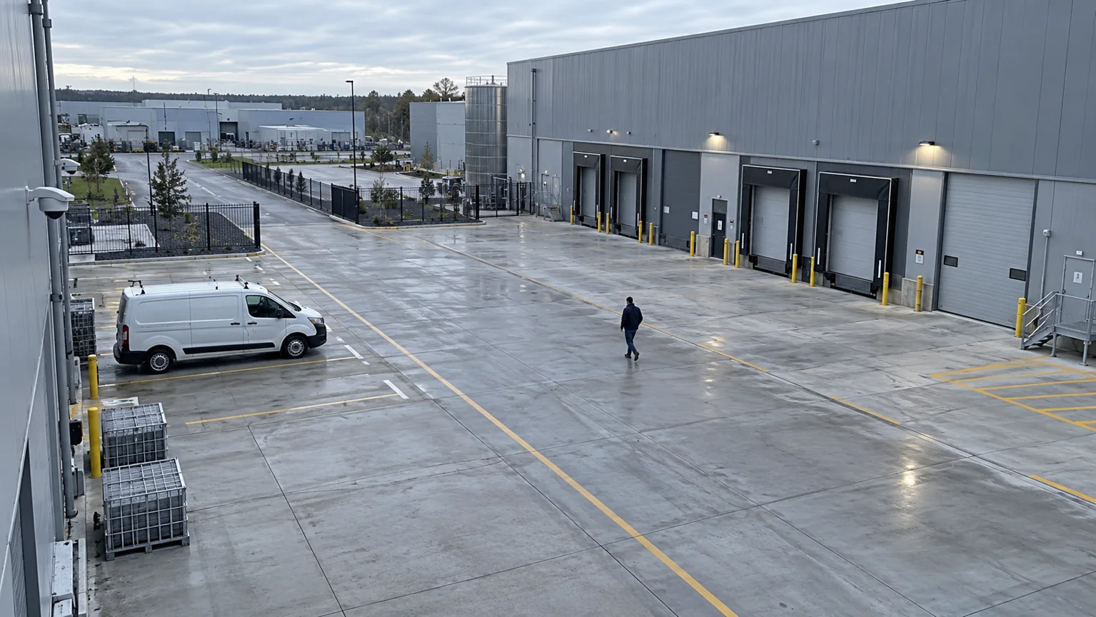 Illustrative industrial service yard viewed from an elevated security-camera perspective, with a person and a parked van.