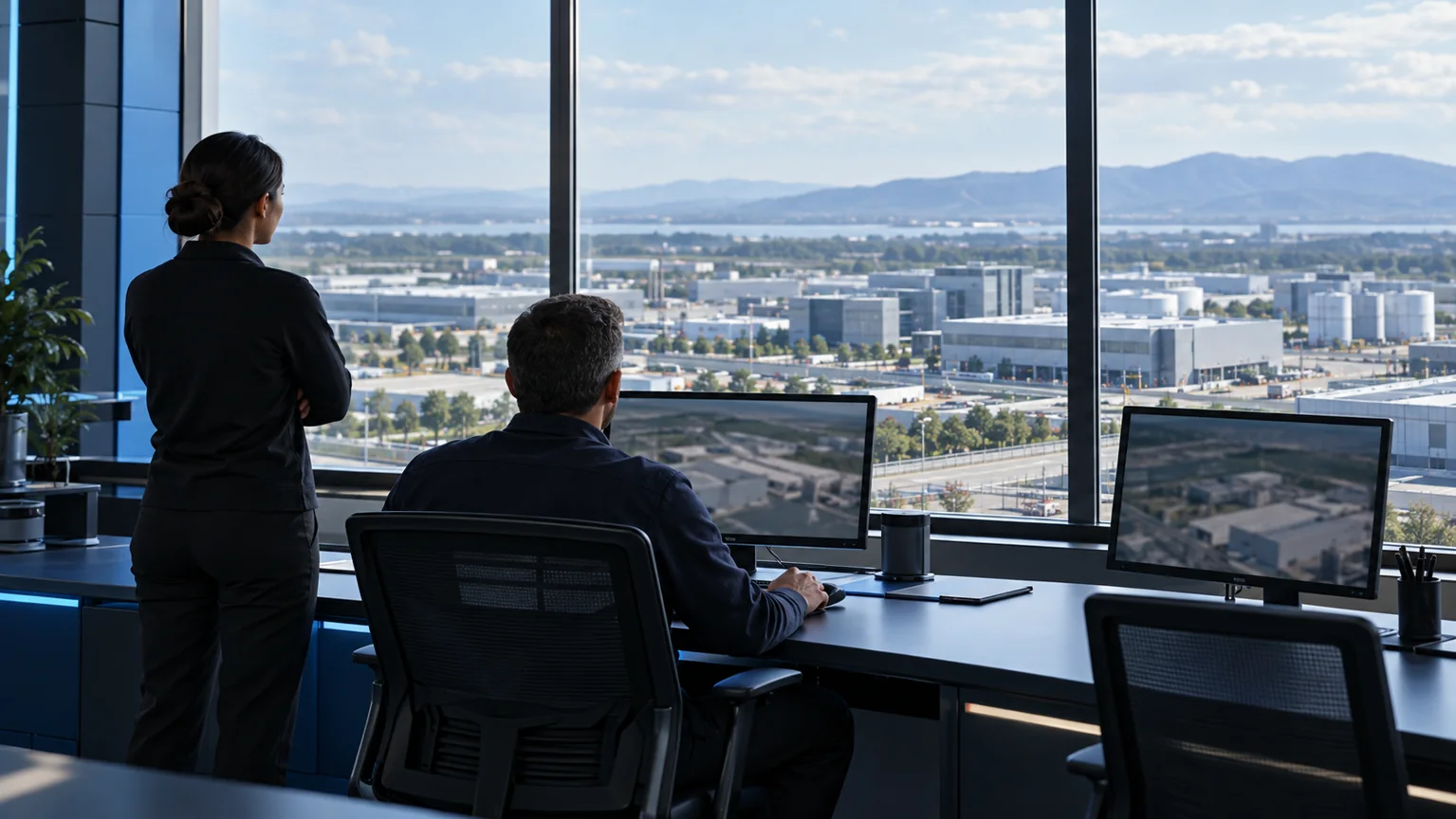 Illustrative civilian operations professionals overseeing an industrial campus from a calm operations room.