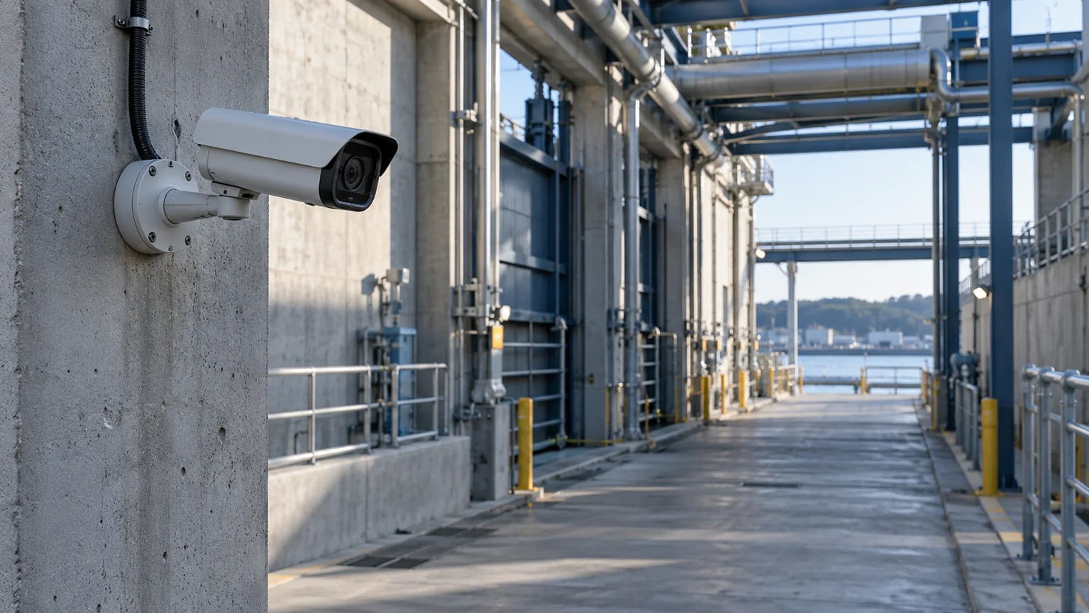 Illustrative fixed security camera overlooking an industrial service corridor and gates.
