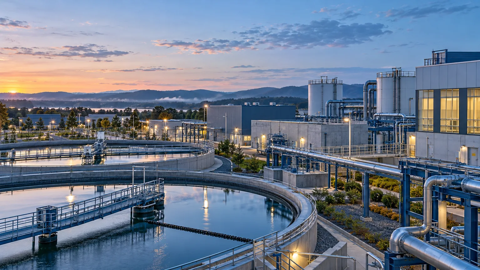 Illustrative modern utility campus in cool morning light, with industrial buildings, service routes and existing infrastructure.